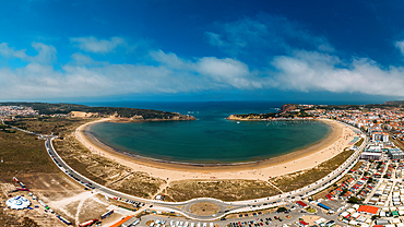 Aerial panoramic view of scallop-shell shaped bay at Sao Martinho do Porto, Portugal, Europe