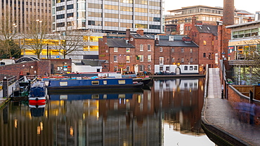 Houseboats on Gas Street Basin in the heart of Birmingham, England, United Kingdom, Europe.