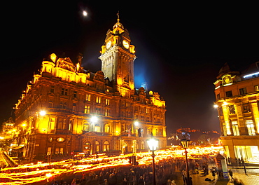 Hogmanay Torchlight Procession on Princes Street, Edinburgh, Lothian, Scotland, United Kingdom, Europe