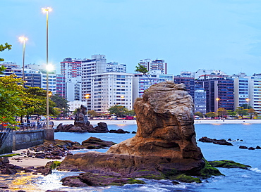 Twilight view towards Icarai Beach with skyline of Niteroi, State of Rio de Janeiro, Brazil, South America