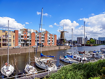 Middenkous Port and Windmill in Delfshaven, Rotterdam, South Holland, The Netherlands, Europe