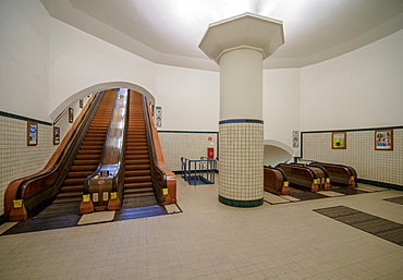 Art Deco Wooden Escalator, Pedestrian Tunnel of St. Anna under the River Scheldt, Antwerp, Belgium, Europe