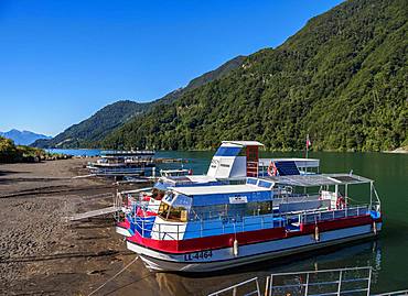 Boats on Todos los Santos Lake, Petrohue, Llanquihue Province, Los Lagos Region, Chile, South America