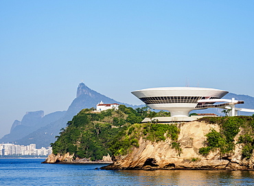 View towards Niteroi Contemporary Art Museum, Corcovado Mountain and Pedra da Gavea, Niteroi, State of Rio de Janeiro, Brazil, South America