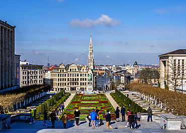 View over Mont des Arts Public Garden towards Town Hall Spire, Brussels, Belgium, Europe