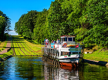 Tourist Boat in Cradle at Inclined Plane in Buczyniec, Elblag Canal, Warmian-Masurian Voivodeship, Poland, Europe