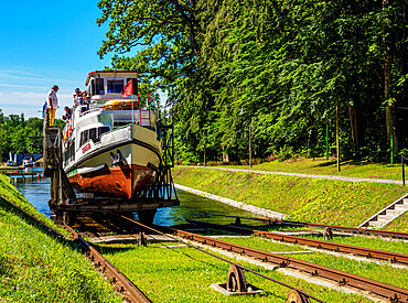 Tourist Boat in Cradle at Inclined Plane in Buczyniec, Elblag Canal, Warmian-Masurian Voivodeship, Poland, Europe