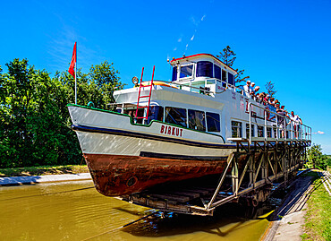 Tourist Boat in Cradle at Inclined Plane in Jelenie, Elblag Canal, Warmian-Masurian Voivodeship, Poland, Europe