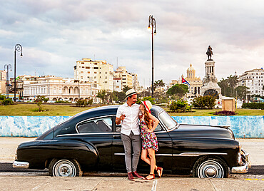 Cuban Couple with Vintage Chevrolet Car, La Habana Vieja, Havana, La Habana Province, Cuba, West Indies, Caribbean, Central America