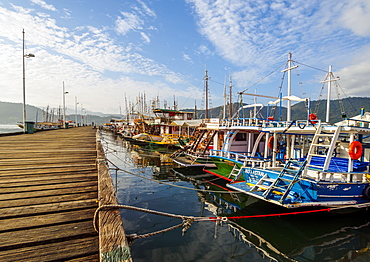 View of the colourful boats in Paraty, State of Rio de Janeiro, Brazil, South America