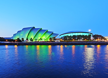 Twilight view of The Clyde Auditorium and the Hydro, Glasgow, Scotland, United Kingdom, Europe