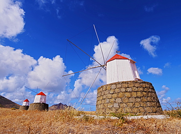 Traditional windmills of Porto Santo Island located on the way from Casinhas to Serra de Fora, Porto Santo, Madeira Islands, Portugal, Europe