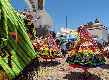 Dancers in traditional costume, Fiesta de la Virgen de la Candelaria, Copacabana, La Paz Department, Bolivia, South America