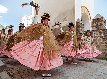 Dancers in traditional costume, Fiesta de la Virgen de la Candelaria, Copacabana, La Paz Department, Bolivia, South America