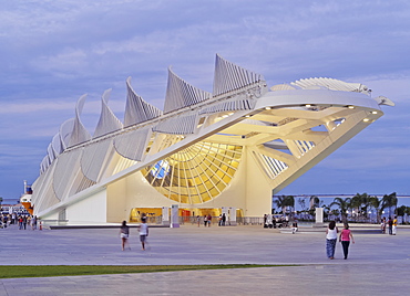 Twilight view of the Museum of Tomorrow (Museu do Amanha) by Santiago Calatrava, Praca Maua, Rio de Janeiro, Brazil, South America