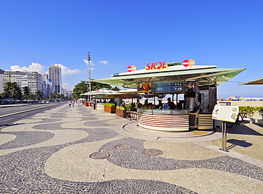 Portuguese wave pattern pavement and beach bar at Copacabana, Rio de Janeiro, Brazil, South America