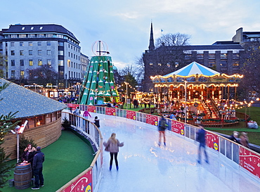 Twilight view of the Ice Rink on St. Andrew Square, Edinburgh, Lothian, Scotland, United Kingdom, Europe