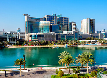 Abu Dhabi Mall and Rotana Beach Hotel seen from Al Maryah Island, Abu Dhabi, United Arab Emirates, Middle East