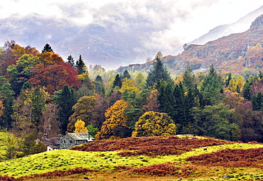 An autumn view of the scenic Langdale Valley, Lake District National Park, Cumbria, England, United Kingdom, Europe