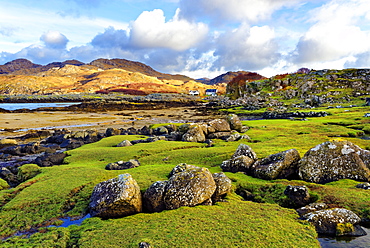 A view of the shore and hills of Portuairk, Sanna Bay along the Ardnamurchan coast in the Scottish Highlands, Scotland, United Kingdom, Europe