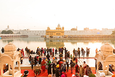 Crowds gather to pray and watch the sunset at The Golden Temple, Amritsar, Punjab, India, Asia