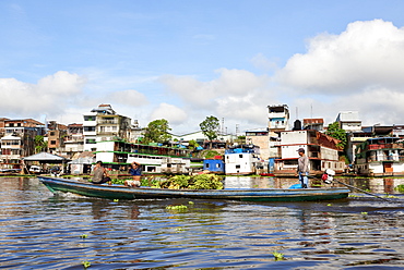 Salesmen transporting a load of bananas on riverboat in Nanay River, with city of Iquitos, in the background, Peru, South America