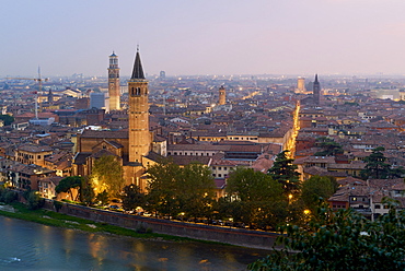 Cityscape at dusk seen from Castel San Pietro, Verona, Veneto, Italy, Europe