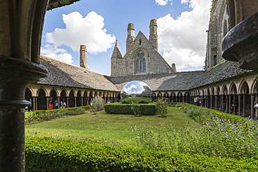 Sculpture in the cloister of Mont Saint-Michel Abbey, UNESCO World Heritage Site, Mont-Saint-Michel, Normandy, France, Europe