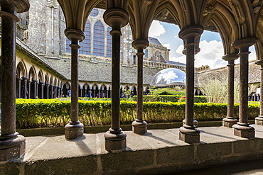 Sculpture in the cloister of Mont Saint-Michel Abbey, UNESCO World Heritage Site, Mont-Saint-Michel, Normandy, France, Europe