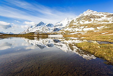 Last snow on the mountains above Lej Pitschen, Bernina Pass, Engadine, Switzerland, Europe