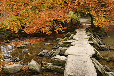 Tarr Steps, a clapper bridge crossing the River Barle on Exmoor, Somerset, England, United Kingdom, Europe