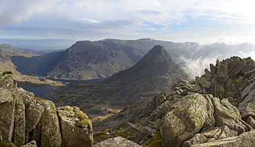 Tryfan, viewed from the top of Bristly Ridge on Glyder Fach, Snowdonia, Wales, United Kingdom, Europe