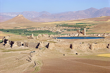 Aerial view over the fortress, lake and ruins at Takht-E-Sulaiman, Iran, Middle East