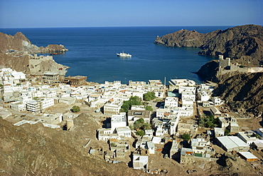 Aerial view over the harbour at Muscat, protected by the Merani Fort on left, and the Jalai Fort on right, Oman, Middle East