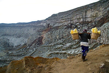 Sulphur miner of Ijen volcano, Eastern Java, Indonesia, Southeast Asia, Asia