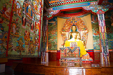 The Buddhist temple of the Norbulingka Tibetan Institute of Tibetan Arts and Culture, Dharamsala, Himachal Pradesh, India, Asia