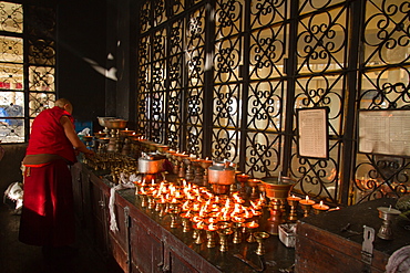 Tibetan Buddhists monks at Losar (Tibetan New Year) in the Dalai Lama Temple, McLeod Ganj, Dharamsala, Himachal Pradesh, India, Asia