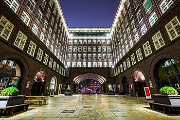 The Chilehaus (Chile House) office building at night, Hamburg, Germany, Europe