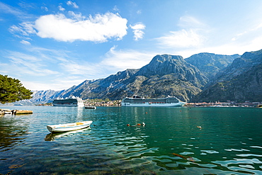 Cruise ships in the Bay of Kotor, UNESCO World Heritage Site, Montenegro, Europe