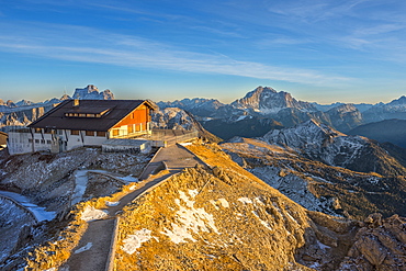 Lagazuoi mountain hut at sunset, Dolomites, Veneto, Italy, Europe