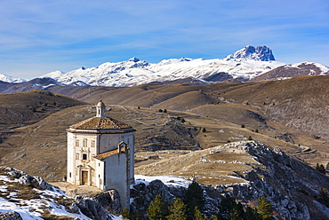 Santa Maria della Pieta church and Corno Grande in winter, Gran Sasso e Monti della Laga National Park, Abruzzo, Italy, Europe