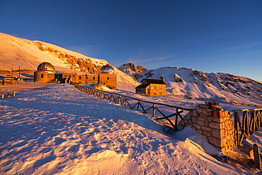 Gran Sasso and Monti della Laga Park, Corno Grande at sunrise in winter, Abruzzo, Italy, Europe