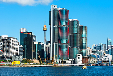 The towers of Barangaroo South resort stand out amongst Sydney city skyline, seen from Darling Harbour, Sydney, New South Wales, Australia, Pacific