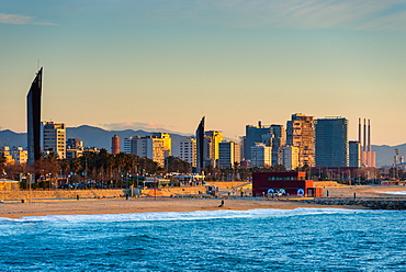 Barcelona waterfront skyline and beach seen from the sea, Barcelona, Catalonia, Spain, Europe