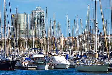 Sailing boats on Barcelona Marina at Port Vell, Barcelona, Catalonia, Spain, Europe