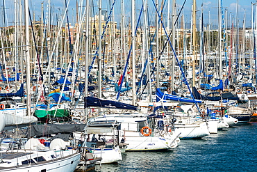 Sailing boats on Barcelona Marina at Port Vell, Barcelona, Catalonia, Spain, Europe