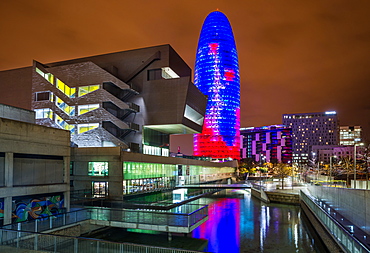 Disseny Hub Barcelona and skyscraper Torre Agbar illuminated after dark, architect Jean Nouvel, Barcelona, Catalonia, Spain, Europe