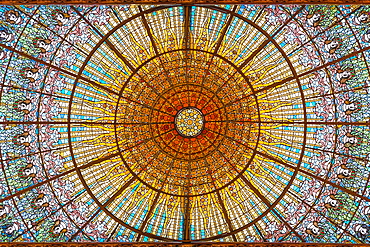 Stained glass skylight in Palace of Catalan Music (Palau de la Musica Catalana), Barcelona, Catalonia, Spain, Europe