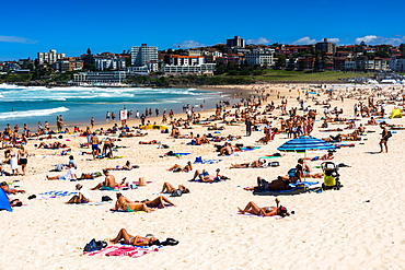 A packed Bondi Beach on a summer's day, Sydney, New South Wales, Australia, Pacific