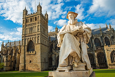 Exeter Cathedral with statue of Richard Hooker, Devon, England, United Kingdom, Europe